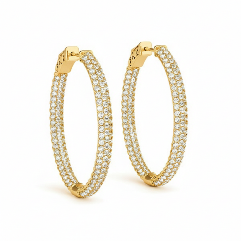 1 ctw 1.5 Inch 3 Row Pave Oval Hoop — Yellow Gold