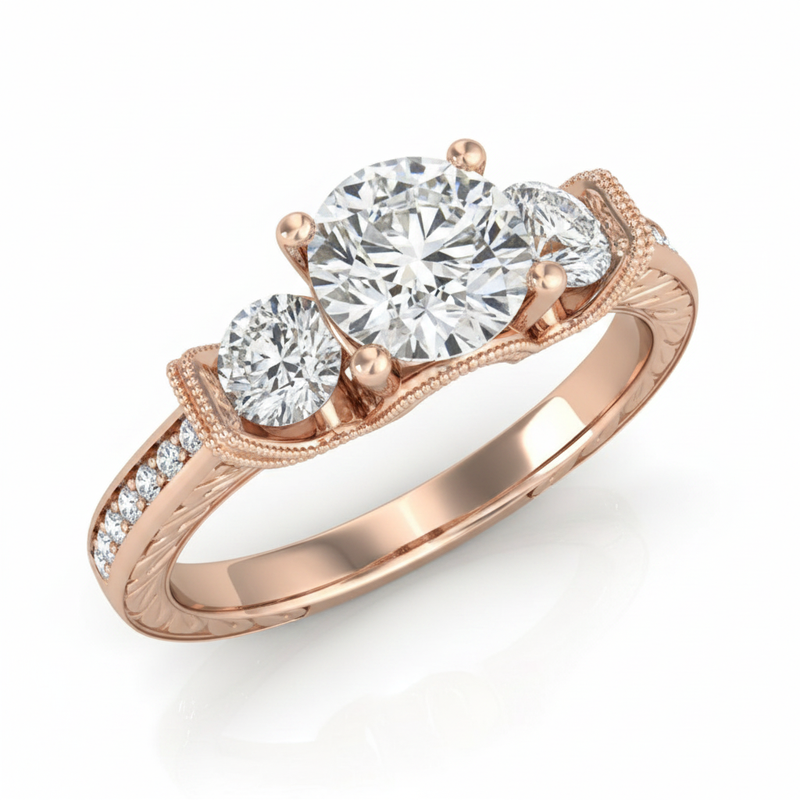 1 ctw Round Three Stone Engagement Ring (50529-E) — Rose Gold