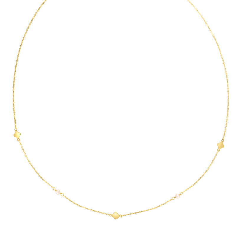 14K Gold Pearl Clover Chain