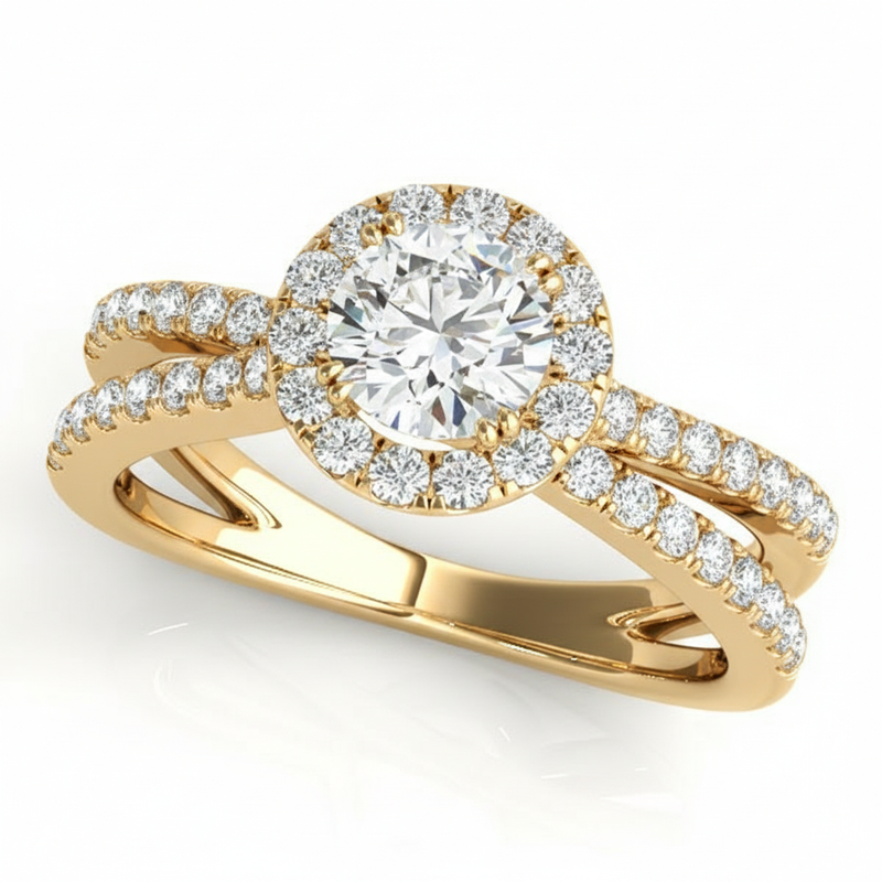 Halo Engagement Ring (Round Center) — 3/4 ct — Yellow Gold