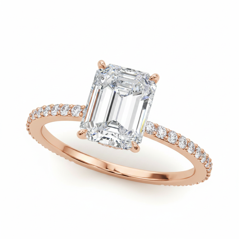 Hidden Halo Emerald Cut Center Single-Row Engagement Ring — Rose Gold