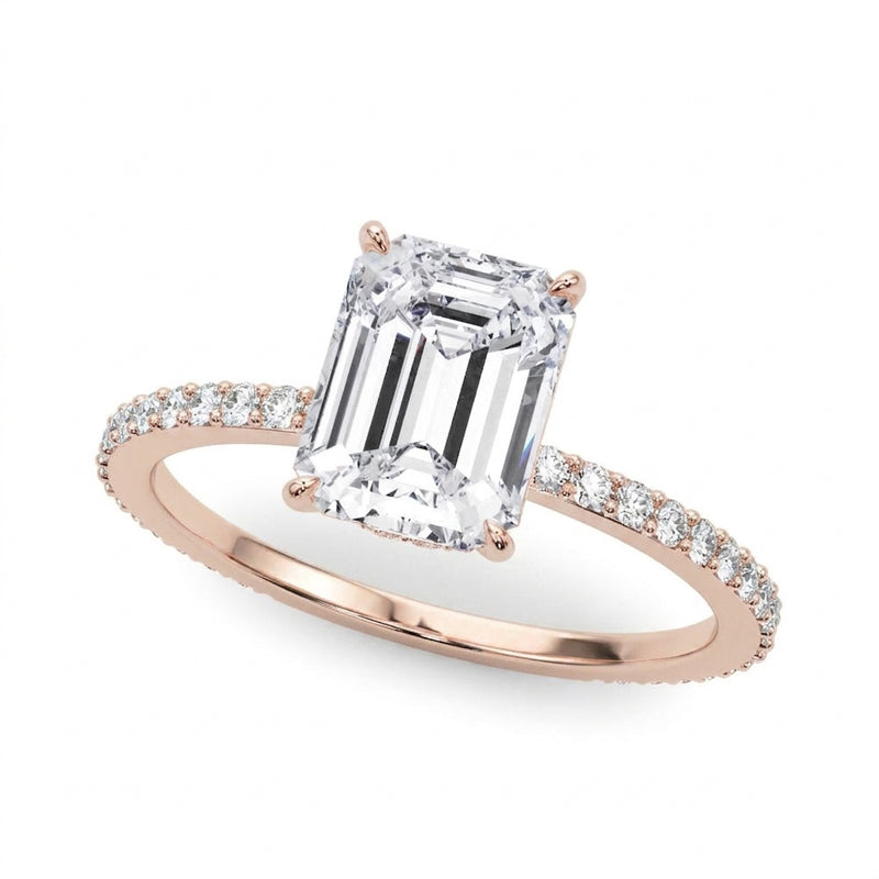 Hidden Halo Emerald Cut Center Single-Row Engagement Ring — Rose Gold