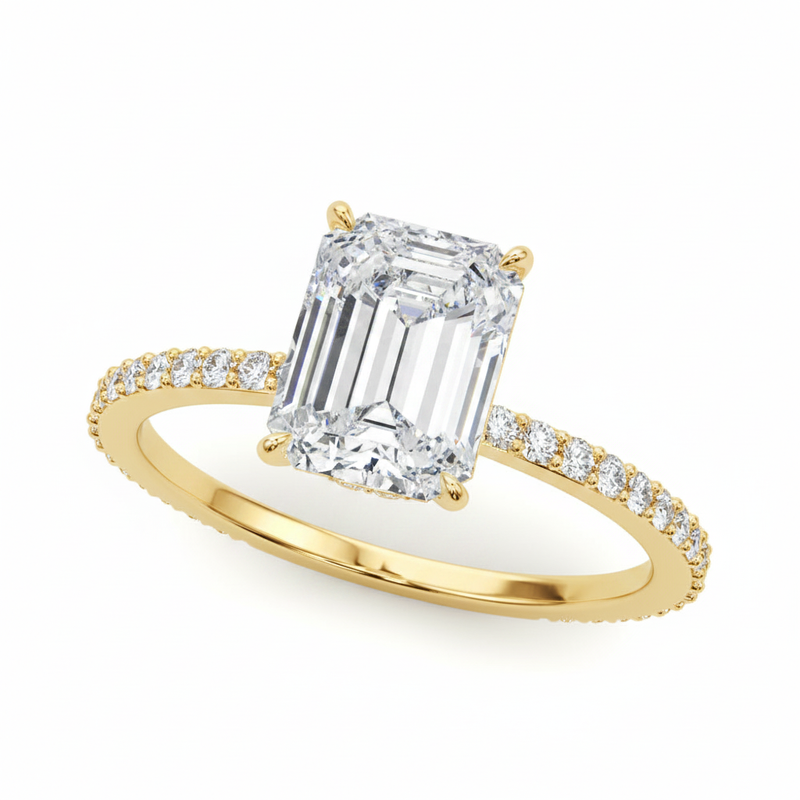 Hidden Halo Emerald Cut Center Single-Row Engagement Ring — Yellow Gold