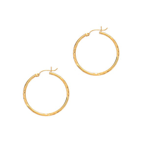 14K Yellow Gold 2x30mm Diamond Cut & Polished Design Hoop Earring