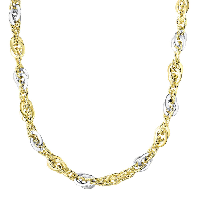 14K Two-tone Gold Polished & Diamond Cut Interlocking Oval Link Chain