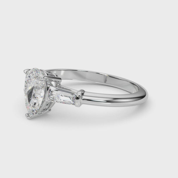 3 Stone Ring Pear Center Taper Baguette Sides Engagement Ring (85337) — ring spin