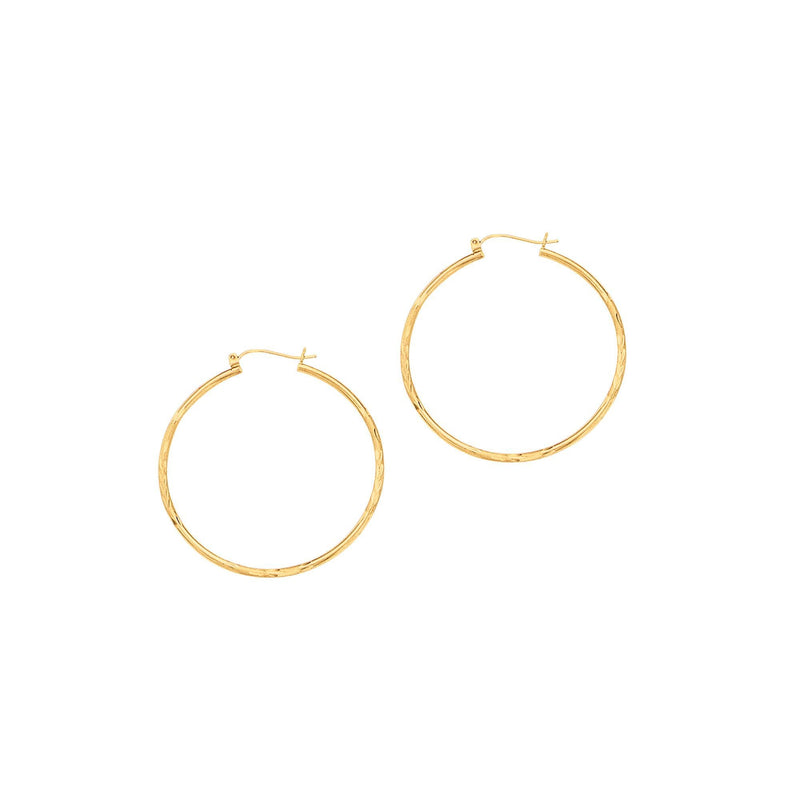 14K Yellow Gold 2mm Diamond Cut & Polished Design Hoop Earring