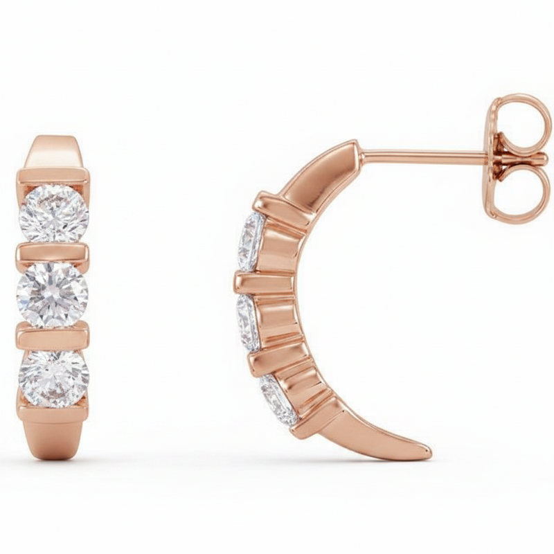 The Fjord — Round Three-Stone J-Hoop Earrings — Rose Gold
