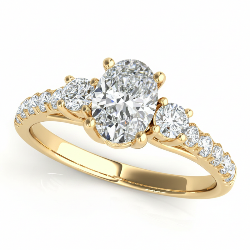 Three-Stone Engagement Ring (Oval Center) — Yellow Gold