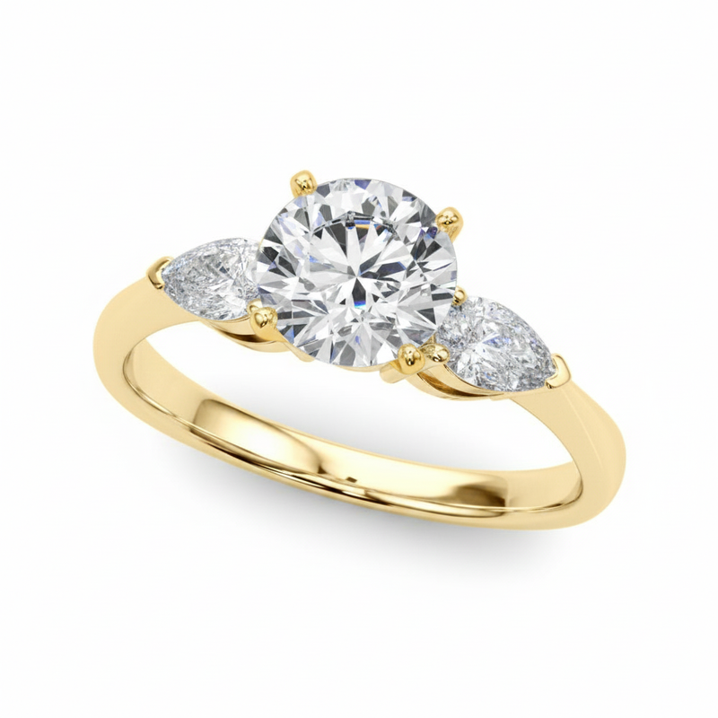 Three-Stone Engagement Ring (Pear Center) — Yellow Gold