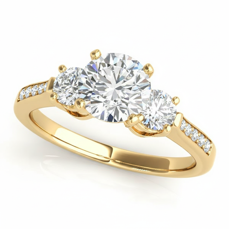 Three-Stone Engagement Ring (Round Center) — Yellow Gold