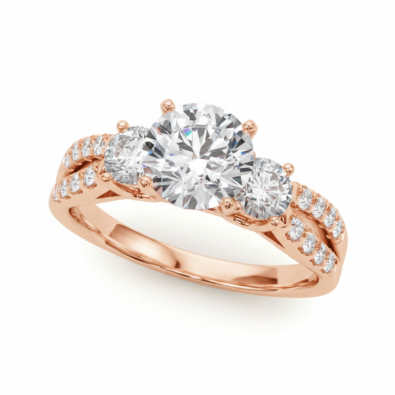 Three-Stone Engagement Ring (Round Center) — Rose Gold