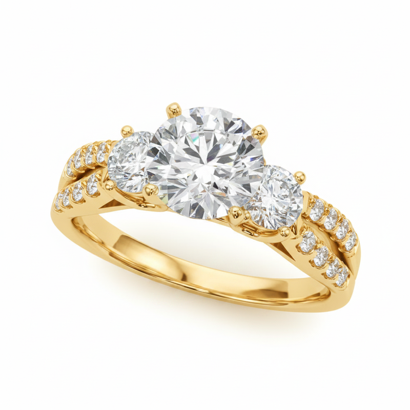 Three-Stone Engagement Ring (Round Center) — Yellow Gold