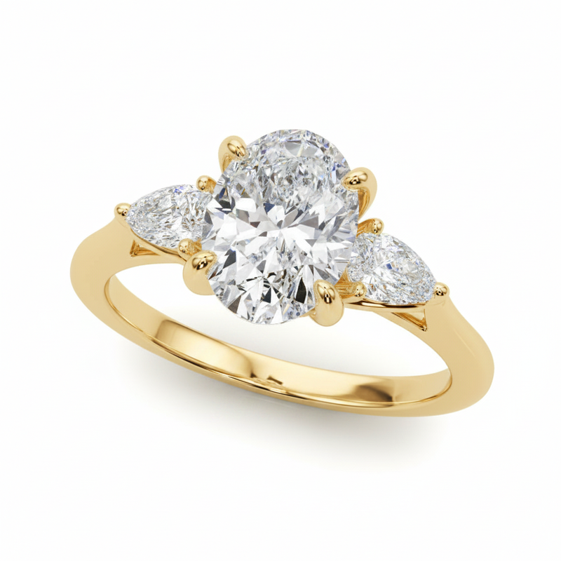 Three-Stone Ov Center Ps Sides Engagement Ring — Yellow Gold