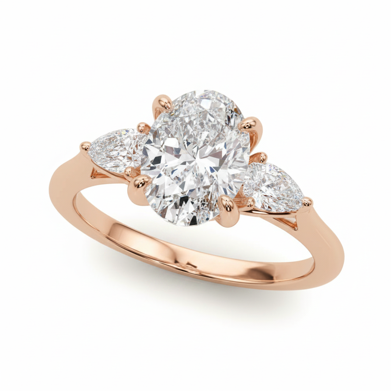 Three-Stone Ov Center Ps Sides Engagement Ring — Rose Gold