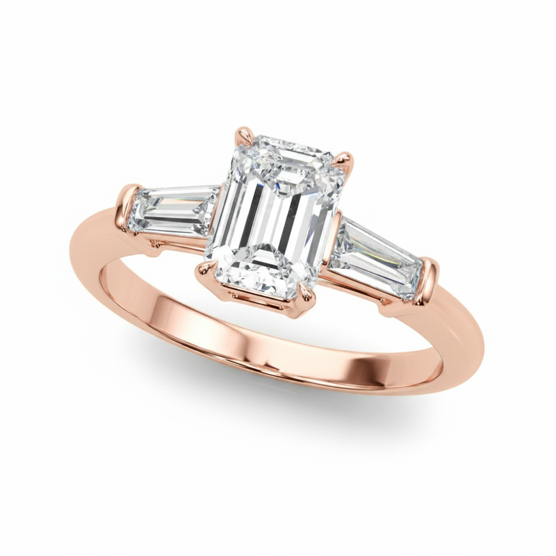 Three-Stone Ring Emerald Center Taper Baquette Sides Engagement Ring — Rose Gold