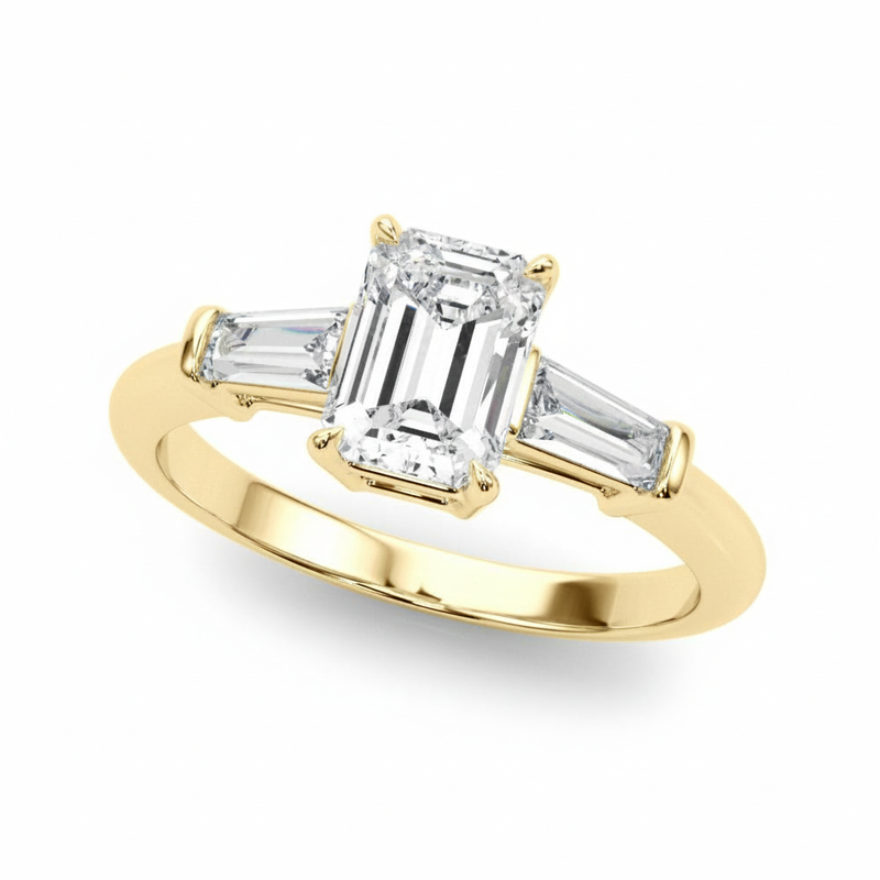 Three-Stone Ring Emerald Center Taper Baquette Sides Engagement Ring — Yellow Gold