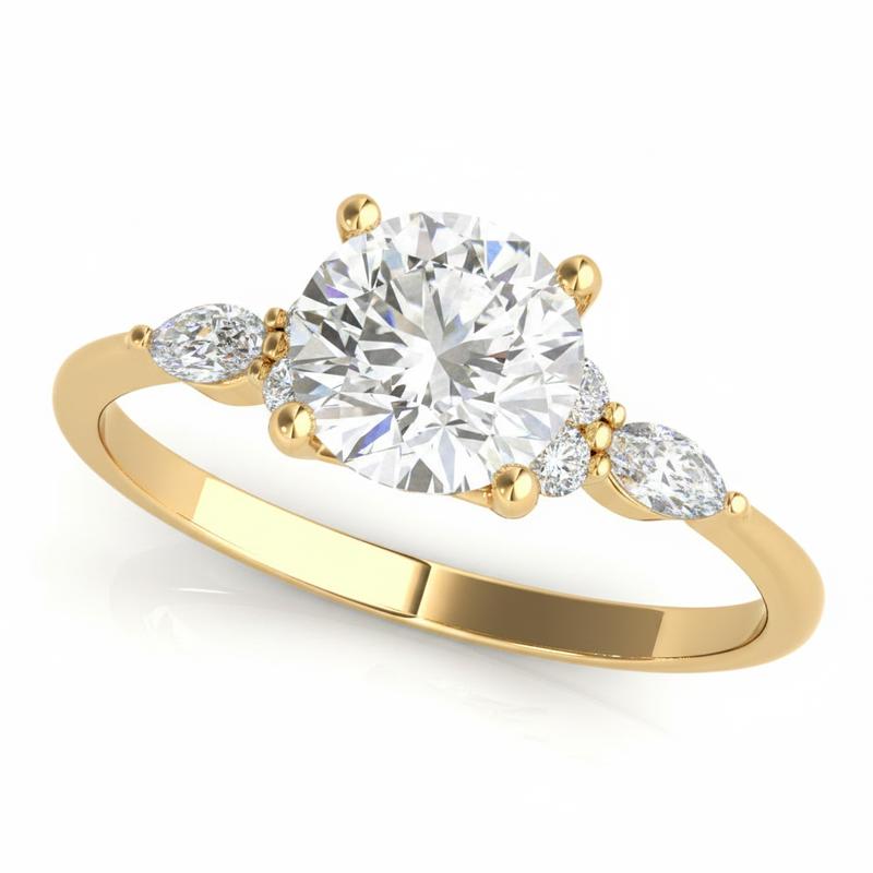 Three-Stone Ring With Marquise Side Stones Engagement Ring — Yellow Gold