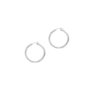 14K White Gold 3mm Diamond Cut & Polished Design Hoop Earring